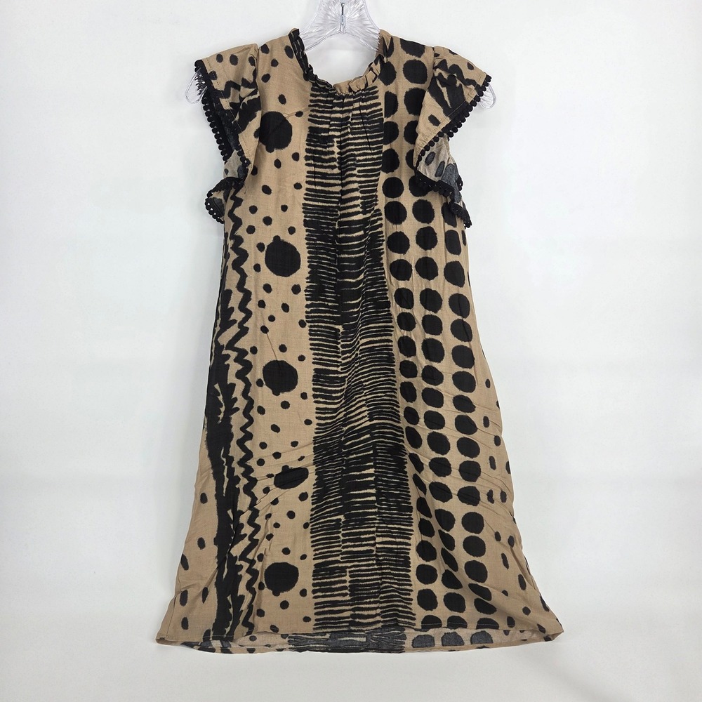 THML Shift Dress M Tan Black Abstract Dot Flutter Sleeve Boho Art-Inspired